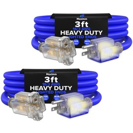 Maximm 3 Feet Blue (2 Pack) Extension Cord – 16 AWG, 3-Prong Grounded, Lighted End, Heavy Duty Indoor/Outdoor Power Cable, ETL Listed