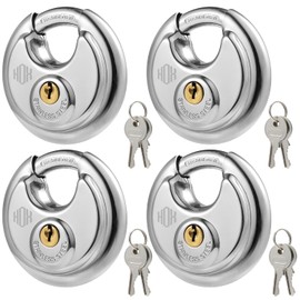 HOX Keyed Disc Padlock, Stainless Steel Keyed-Alike Padlocks, 4-Pack Heavy Duty Locks, Waterproof Outdoors Lock with 3/8 Inch Shackle, 2-3/4 Inch Wide Body, for Hasp Latch, Fences, Storage Locker