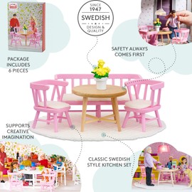 Lundby Dolls House Furniture Kitchen Breakfast Table + Chair — Dining Set — Doll House Accessories — 6 pieces — for 11cm Mini Dolls — Age 4+, Scale 1:18