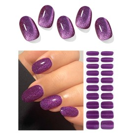 AutyaMee Semi Cured Gel Nail Strips (Purple Cat-Eye)-20 PCS Gel Nail Wraps | Gel Nail Stickers, Salon Quality & Easy To Use | UV Light Required