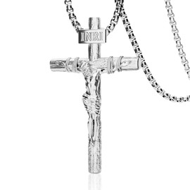 ZENLUNANO Crucifix Cross Necklace for Men with Exquisite Jesus Pendant - White Gold Plated, Medium, 22 Inch Stainless Steel Necklace Chain