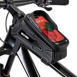 WILD MAN Hard Shell Bike Phone Frame Bag Waterproof Top Tube Bike Phone Bag with Sensitive Touch Screen for Road Mountain MTB Cycling(M30,Black Red)