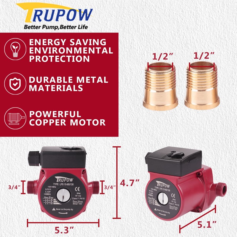 Trupow 3/4" NPT 110V Hot Water 3-Speed Circulation Pump Circulator