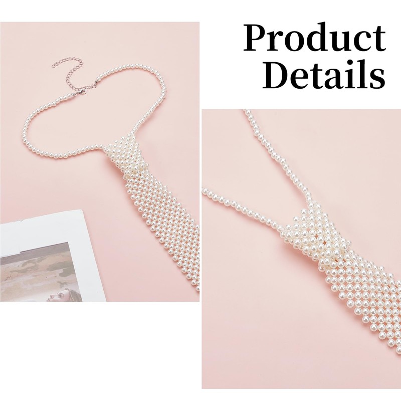 NICENEEDED Pearls Neck Tie, Handmade Weaving Shirt White Pearls Tie