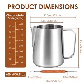 304 Stainless Steel Milk Frothing Pitcher 600ml (20.29 oz) Latte Art Cup with Scale, Espresso Machine Accessories Milk Steamer Jug for Hot and Cold Beverages(with Decorating Pen)
