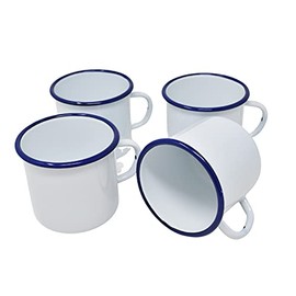 Set of 4 Enamelled Metal Mugs - 400ml - WHITE WITH BLUE IRONING