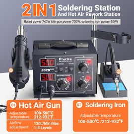 Preciva 852D++ Hot Air Rework and Soldering Iron Station,Temperature Control 212-932℉, 5 Soldering Tips, 3 Hot Air Nozzles,Tweezers, °C/°F Conversion for SMD, BGA Repair