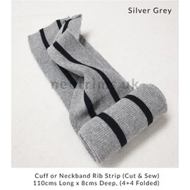 Sweatshirt Fabric,Brushed Back Fleece Hoddie Jersey + Matching Knit Rib Waistband Cuffs & Neck Bands Striped Ribbing, UPCYCLED Yarns,Neotrims. Silver Grey, 1 x Neckband (110x8cm)