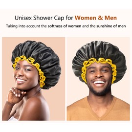 mikimini Extra Large Black Shower Cap for Women and Men, Reusable Waterproof Bath Cap for Thick Long Hair Braids, Double-Layered XL Hair Hats with Yellow Edge