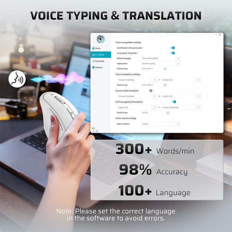 LTC OM021 Wireless AI Mouse,Voice Typing & Translate, BT 5.0/2.4G