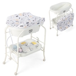 BABY JOY Baby Bathtub with Changing Table, Foldable Infant Diaper Changing Station with Storage Tray, Waterproof Pad, Portable Newborn Nursery Organizer Bath Stand with 4 Universal Wheels (White)