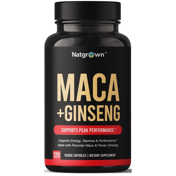 Natgrown Organic Maca Root + Panax Ginseng Powder Capsules 1500 mg with Black + Red + Yellow Peruvian Maca Root & Korean Panax Ginseng Supplement for Men and Women - Vegan Pills