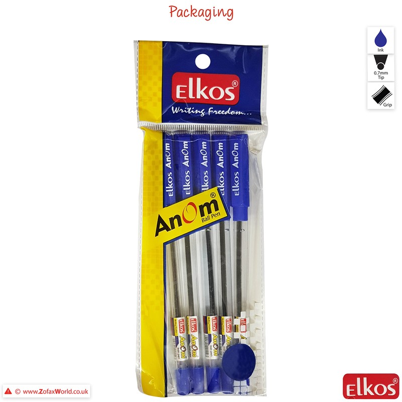 ELKOS BLUE Ballpoint Pens, 0.7mm Fine Point, Pack of 5,