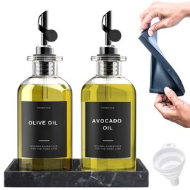 Verspace - Clear Glass Olive Oil Dispenser Bottles For Kitchen With Silicone Tray & 40 Labels, Soy Sauce Dispenser, Coffee Syrup Dispenser, Olive Oil Bottles Set Of 2, Black