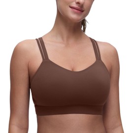 CRZ YOGA Softness Mold Womens Butterluxe U Neck Longline Sports Bras - Supportive Cross Back Double Strap Yoga Top D/DD Cup Coffee Brown Large