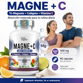 Magnesio Complex con Peptidos de Colageno Hidrolizado y Vitamina C | Formula con 3 Tipos de Magnesio Glicinato/Gluconato (2:1) y Citrato | Magne+C | P