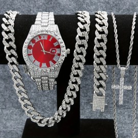 Set of 4, Men'S Watch Collection, Men'S Cuban Necklace and Bracelet Set, Holiday Gifts for Men and Women, Christmas PresentsColor: Silvery Red
