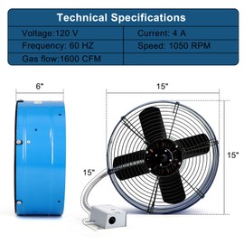 Criditpid 15" Gable Mount Vent Attic Fan, Exhaust Ventilation Fan with Adjustable Thermostat for Gable, Home, Shed, Garage, Portable Building, 4A, 1600CFM, 1050RPM, 2400 Sq.Ft Coverage Area, Blue.