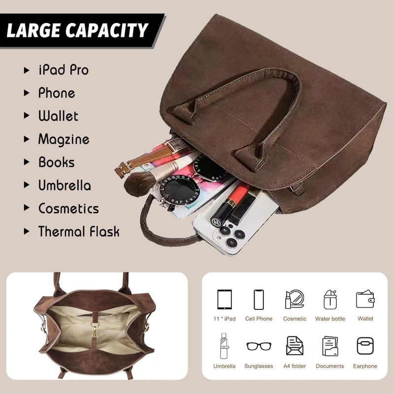 Large Suede Tote Bag For Women,Suede Retro Shoulder Bag,Crossbody Bag