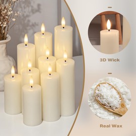 SEHNSY Flameless Pillar Candles, 9 Pack Ivory Real Wax Remote Timer Candles