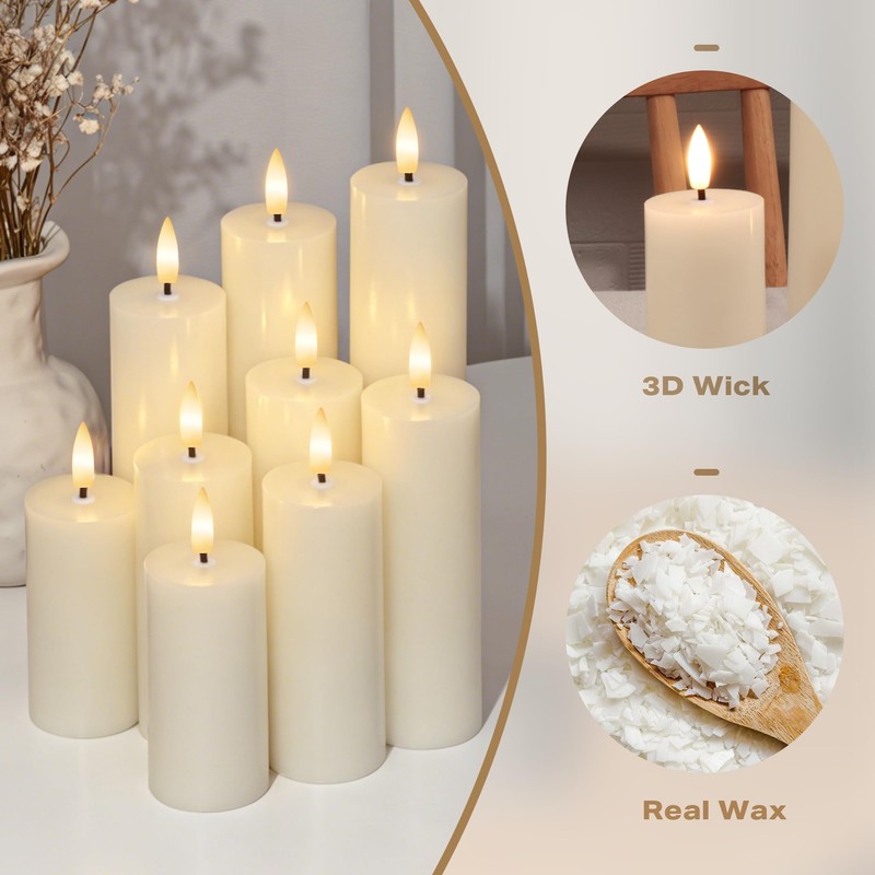 SEHNSY Flameless Pillar Candles, 9 Pack Ivory Real Wax Remote