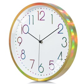 Lafocuse Unique Dazzling Frame Wall Clock Gold, 3D Colorful Numbers Silent Non Ticking Clock, Kitchen Clock Battery Operated for Living Room Bedroom Office Home 12 Inch