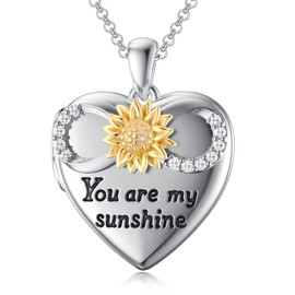 SOULMEET 18k White Gold Plated Silver Infinity Sunflower Locket Necklace That Holds 1 Picture Photo Heart Locket Necklace Engraved You Are My Sunshine (Locket only)