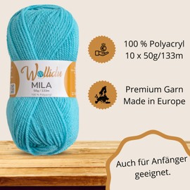Wollidu Mila Yarn for Crochet and Knitting, 10 x 50 g/133 m, Knitting Yarn, 100% Polyacrylic, Crochet Yarn, Turquoise