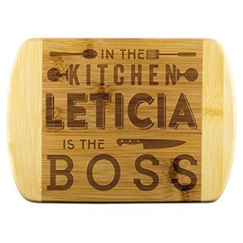 Mom To Be Gifts - In The Kitchen Leticia Is The Boss - Mothers Day Gifts, Gift Ideas For Mom, Funny Cutting Board Engraved Bamboo Chopping Block, Bamboo Engraved Cutting Board