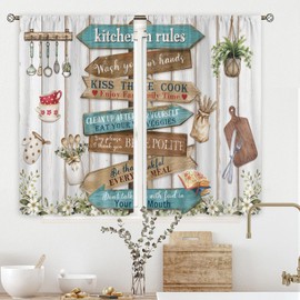 Cinbloo Farmhouse Kitchen Rules Kitchen Curtains 27.5Wx39H Inch Rod Pocket Teal Rustic Floral Quotes Kitchenware Wooden Plants Art Printed Country Living Room Bedroom Window Drapes Treatment 2 Panels