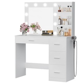 Furmax Vanity Desk with LED Lighted Mirror&Power Outlet, Makeup Vanity Table with 4 Drawers, 3 Open Storage Shelves, and 3 Color Modes, for Bedroom (Pure White)