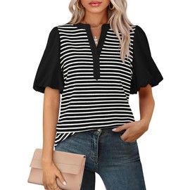 BTFBM Puff Sleeve Tops for Women Dressy Summer Vacation Outfits 2025 V Neck Casual Button Up Shirts Loose Striped Blouse(Black, Medium)