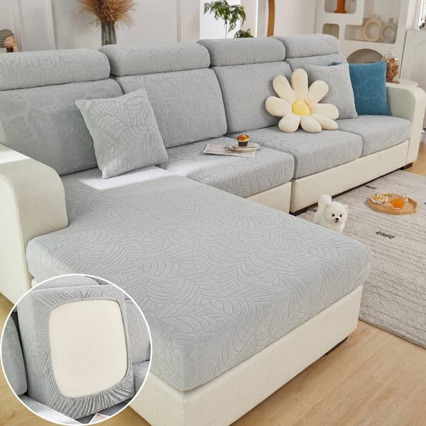 jianyana Sofa Cushion Covers, Universal Stretch Sofa Covers L Shape, Corner Sofa Cover For 1/2/3 Seat Sofa Cushion Protector Covers (Leaves Light Grey,Large Triple Seat Cover)