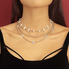 Zeshimb Layered Beaded Necklace Evil Eye Bead Ball Chain Necklace Layering Baroque Pearl Beads Choker Faux Pearl Demon Eye Y2K Necklace Turkish Lucky Jewelry for Women Girls