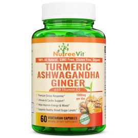 NutreeVit 100% Organic - Turmeric + Ashwagandha + Ginger + Vitamin D3 (90 Capsules)
