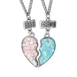 Bff Friendship Necklace for 2 Girls Matching Necklaces for Best Friends Birthday Gifts for Best Friend Puzzle Heart Necklace for 2 Teen Girls Christmas Necklaces for Bestie Blue Pink Sequin Best Friend Forever Necklace Set