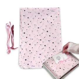 Kisstta Gift Paper Set - 50 x 70 cm Pink Wrapping Paper with Stars and Moon, Includes 10 m Fine Satin Ribbon, Perfect Gift Packaging for Birthdays, Christmas and Wedding Occasions