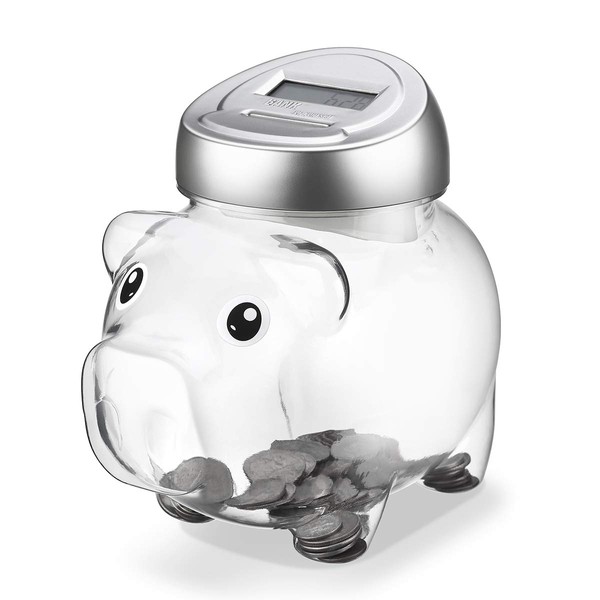 Younion Piggy Digital Coin Bank, Automatic Coin Counter Totals All U.S. Coins, Clear Money Saving Jar with LCD Display, Silver