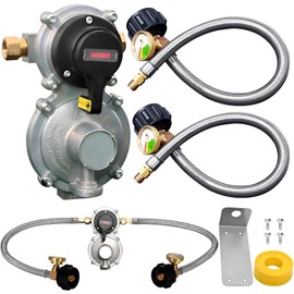 GHAKUTB RV Propane 2-Stage Auto Changeover Rv Propane Regulator with Two 18" RV Pigtail Propane Stainless Braided Hoses with Gauge, 3/8" NPT Female Outer, for RVs, Vans, Trailers,Camper