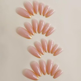 French Tip Press on Nails Medium Almond Fake Nails Gold Nail Tips Nude Glossy False Nails with Designs Stiletto Full Cover Acrylic Nails Glue Stick on Nails Kit for Women Girls Artificial Nails 24 Pcs