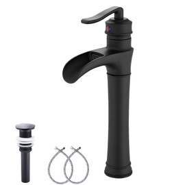 Matte Black Bathroom Faucet GGStudy Single Handle One Hole Farmhouse Waterfall Bathroom Vessel Sink Faucet Black Matching with Pop Up Drain