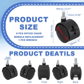 PATIKIL Office Chair Wheels Replacement 2", 8 Pcs Nylon Heavy Duty Office Furniture Casters Wheels with Wrench Universal Wheel for Hardwood Floor Carpet, Black(Screw Stem with Brake)