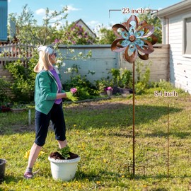 Pure Echo Garden Wind Spinner,Flower Wind Spinner,Outdoor Metal Wind Sculpture & Spinner Large 23 inch Dia 84 inch Height Kinetic Windmill for Garden Yard