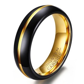 HXNIBATSAR Classic 8mm Tungsten Carbide Wedding Band Grooved Center Mens Ring Matte Brushed Finish Beveled Polished Edge Comfort Fit (Black-Gold2, 11)