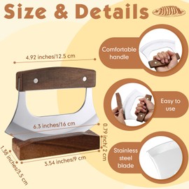 Sunnychicc 2 Pcs Mezzaluna Ulu Knife and Cutting Board Set Rocker Chopper Slicer Cutter with Stand Cutting Board Mezzaluna Chopper Alaskan Ulu Knife Kit for Onion Vegetable Mincing Tool(Walnut Wood)