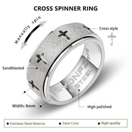 Anxiety Spinner Ring for Men - Stainless Steel Fidget Spinner Ring, Band Cross Thumb Roating Rings for Stress Relief 8mm Anxiety Relieve Fidget Toys for Adults Ring Size 6 7 8 9 10 11 (Silver, 6)
