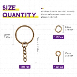 Swpeet Juego de 450 llaveros planos de bronce de 25 mm, incluye 150 llaveros divididos con cadena y 150 anillos de salto con 150 pines de ojo de tornillo a granel para hacer accesorios de joyería