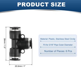 PATIKIL 6 Pcs t Shape 3 Way Push to Connect Fitting, 3/16" OD Tube Reducer Connector Quick Push Lock Adapter Air Hose Fitting for Pneumatic System Pipeline Connection, Black