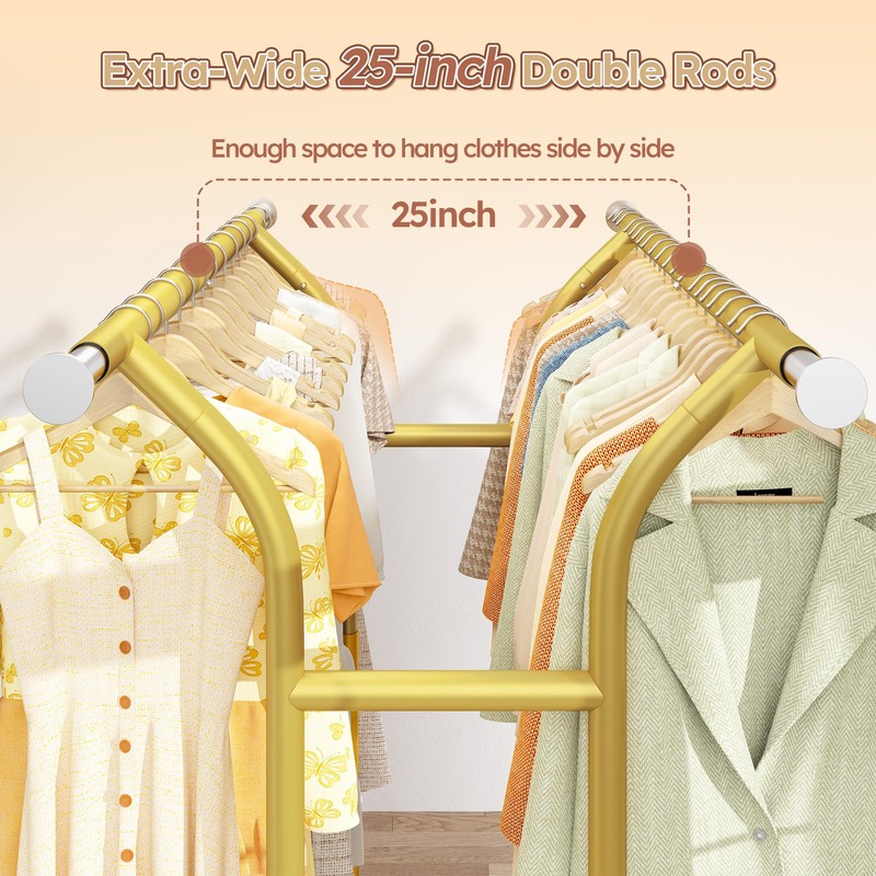 Raybee 74" W Heavy Duty Clothes Rack, Double Rods Gold