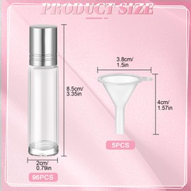 SEEWEY 96 Pcs Essential Oil Roller Bottles 10ml Empty Glass Roller Bottles with Stainless Steel Balls Protection Leakproof with 5 Funnel for Travel Perfume Lip Gloss (Clear, White Lid)